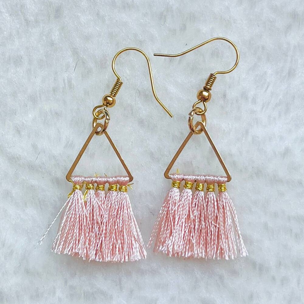 Pink and Gold Boho Tassel Dangle Earrings